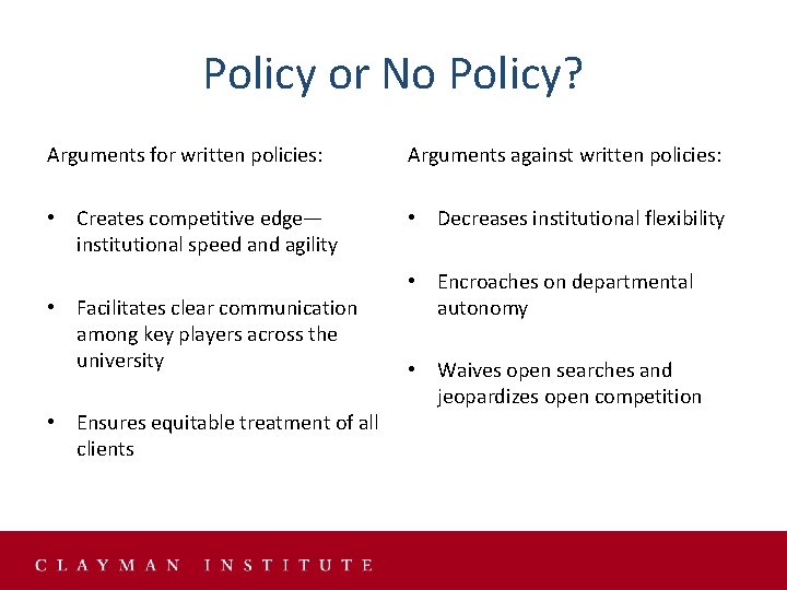 Policy or No Policy? Arguments for written policies: Arguments against written policies: • Creates Policy or No Policy? Arguments for written policies: Arguments against written policies: • Creates