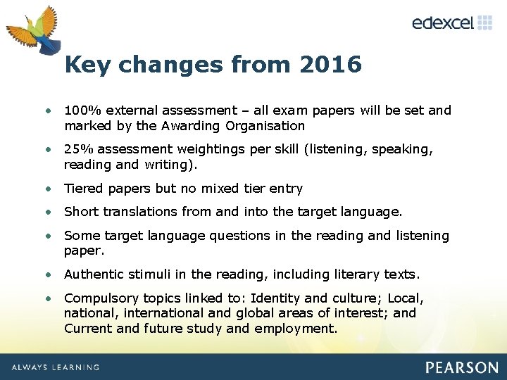 Clickchanges Key to edit Master from 2016 title style • 100% external assessment –