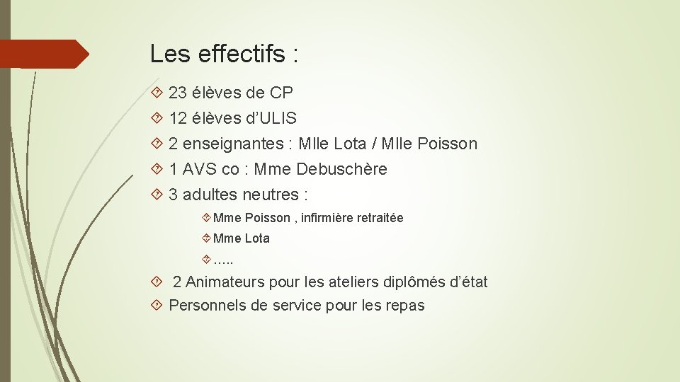 Les effectifs : 23 élèves de CP 12 élèves d’ULIS 2 enseignantes : Mlle