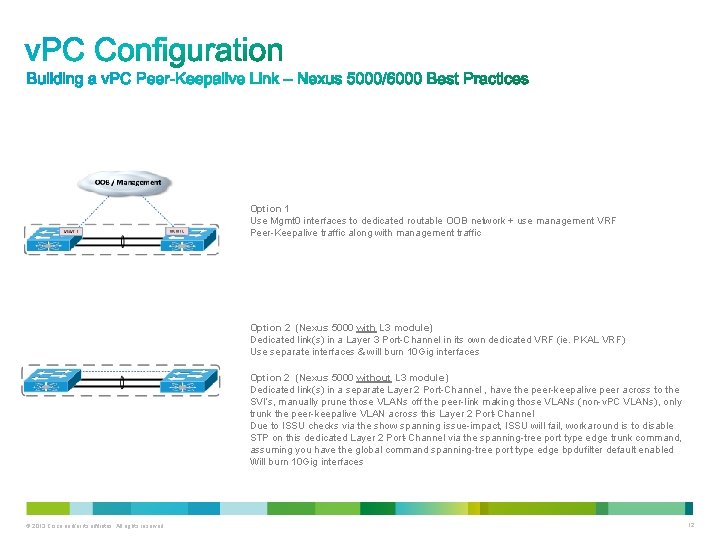 Option 1 Use Mgmt 0 interfaces to dedicated routable OOB network + use management