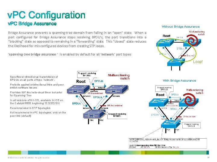 Without Bridge Assurance prevents a spanning-tree domain from failing in an “open” state. When