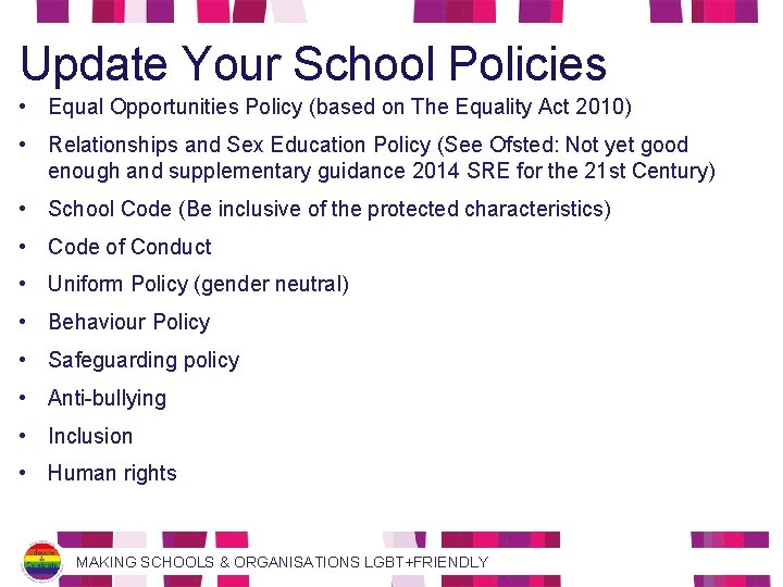 Update Your School Policies • Equal Opportunities Policy (based on The Equality Act 2010)