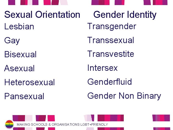 Sexual Orientation Gender Identity Lesbian Transgender Gay Transsexual Bisexual Transvestite Asexual Intersex Heterosexual Genderfluid