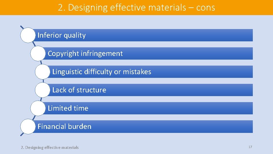 2. Designing effective materials – cons Inferior quality Copyright infringement Linguistic difficulty or mistakes