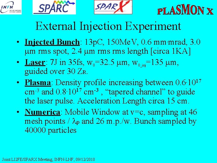 External Injection Experiment • Injected Bunch: 13 p. C, 150 Me. V, 0. 6