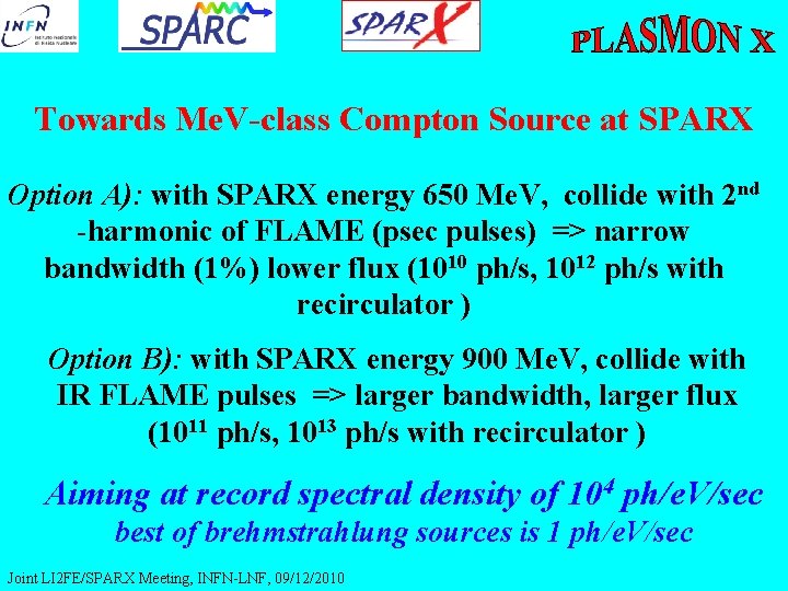 Towards Me. V-class Compton Source at SPARX Option A): with SPARX energy 650 Me.