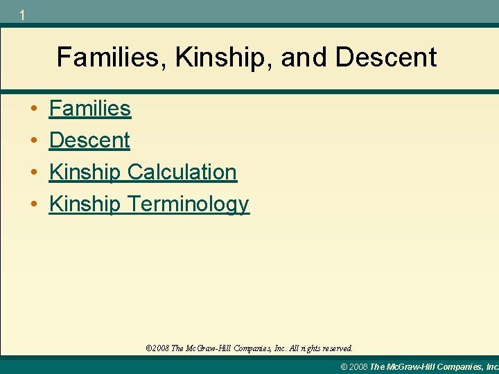 1 Families, Kinship, and Descent • • Families Descent Kinship Calculation Kinship Terminology ©