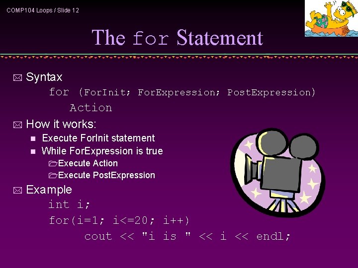 COMP 104 Loops / Slide 12 The for Statement Syntax for (For. Init; For.