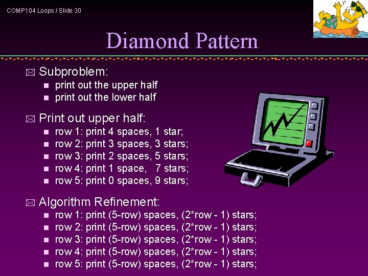 COMP 104 Loops / Slide 30 Diamond Pattern * Subproblem: n n * Print