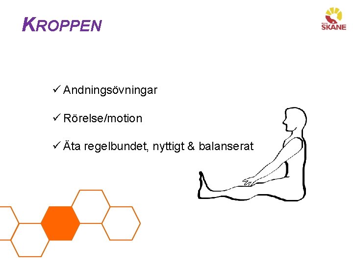 KROPPEN ü Andningsövningar ü Rörelse/motion ü Äta regelbundet, nyttigt & balanserat 