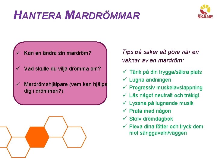HANTERA MARDRÖMMAR ü Kan en ändra sin mardröm? ü Vad skulle du vilja drömma