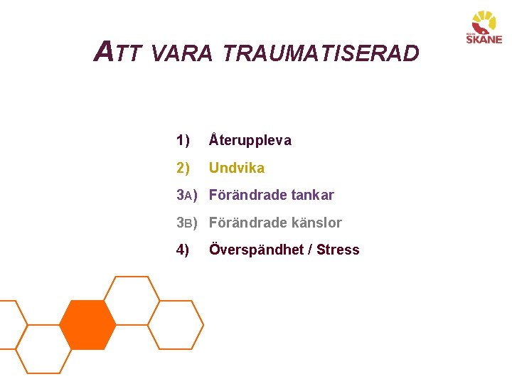 ATT VARA TRAUMATISERAD 1) Återuppleva 2) Undvika 3 A) Förändrade tankar 3 B) Förändrade