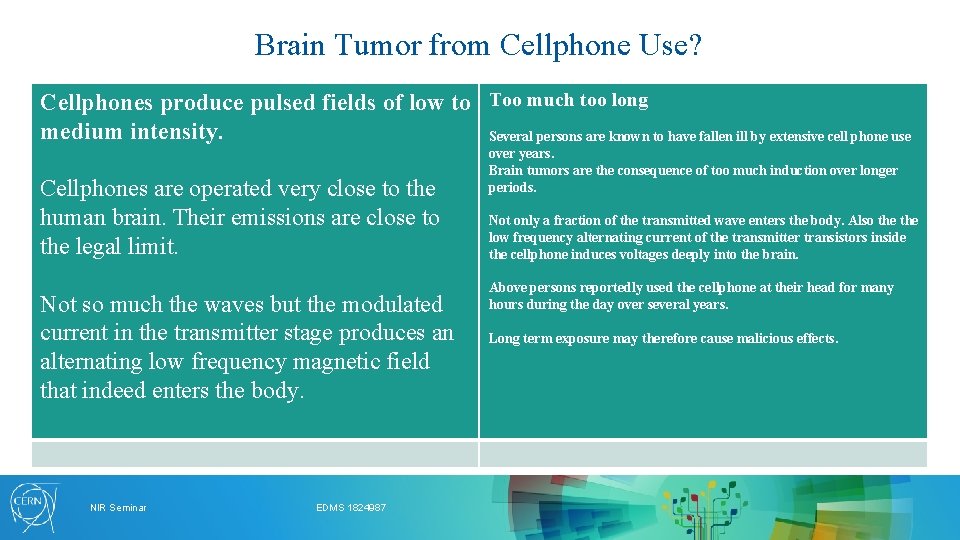 Brain Tumor from Cellphone Use? Cellphones produce pulsed fields of low to Too much