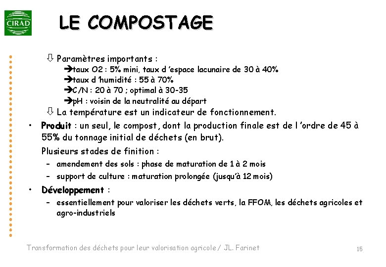 LE COMPOSTAGE ò Paramètres importants : ètaux O 2 : 5% mini, taux d LE COMPOSTAGE ò Paramètres importants : ètaux O 2 : 5% mini, taux d