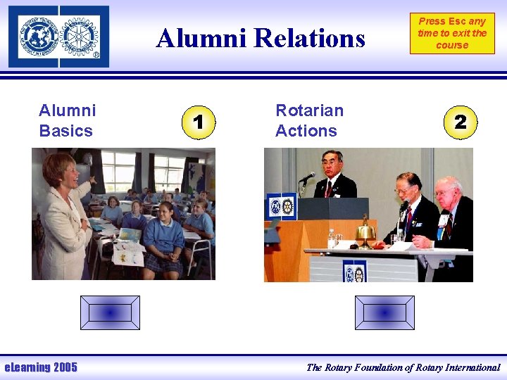 Alumni Relations Alumni Basics e. Learning 2005 1 Rotarian Actions Press Esc any time