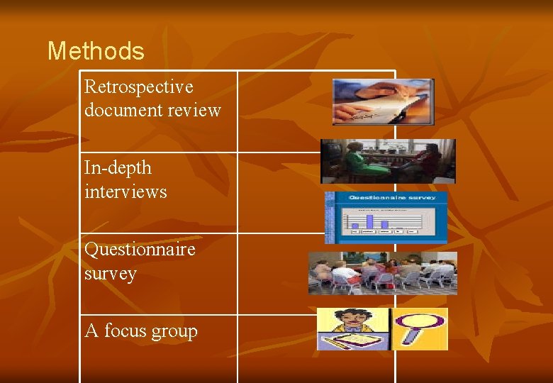 Methods Retrospective document review In-depth interviews Questionnaire survey A focus group 