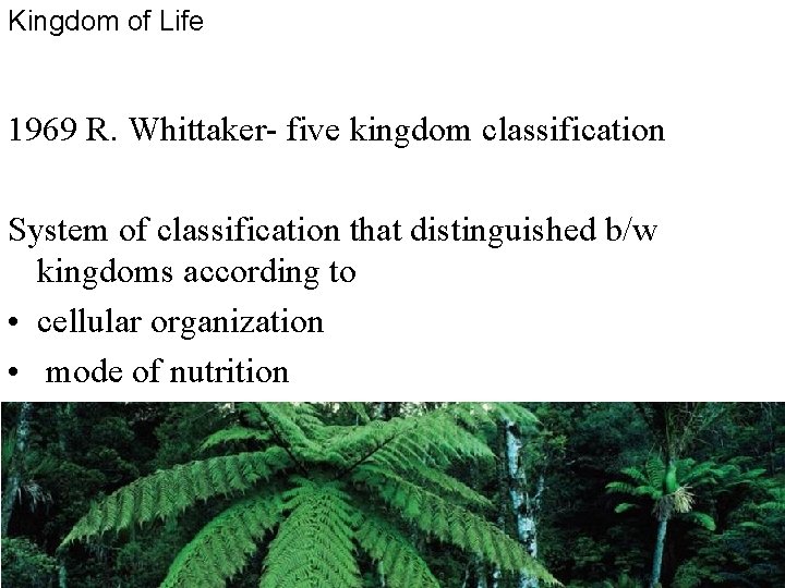 Kingdom of Life 1969 R. Whittaker- five kingdom classification System of classification that distinguished