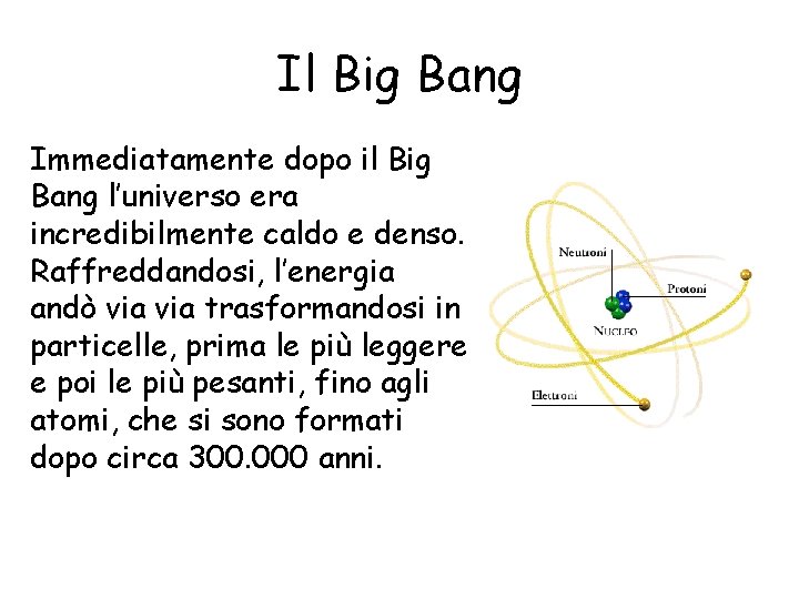 Il Big Bang Immediatamente dopo il Big Bang l’universo era incredibilmente caldo e denso.