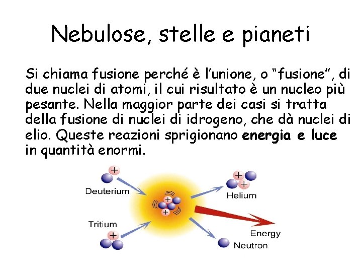 Nebulose, stelle e pianeti Si chiama fusione perché è l’unione, o “fusione”, di due