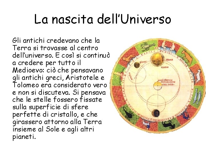 La nascita dell’Universo Gli antichi credevano che la Terra si trovasse al centro dell’universo.