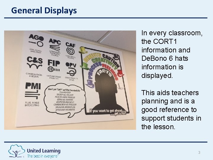 General Displays In every classroom, the CORT 1 information and De. Bono 6 hats