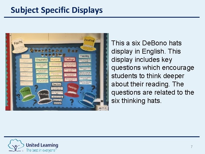 Subject Specific Displays This a six De. Bono hats display in English. This display