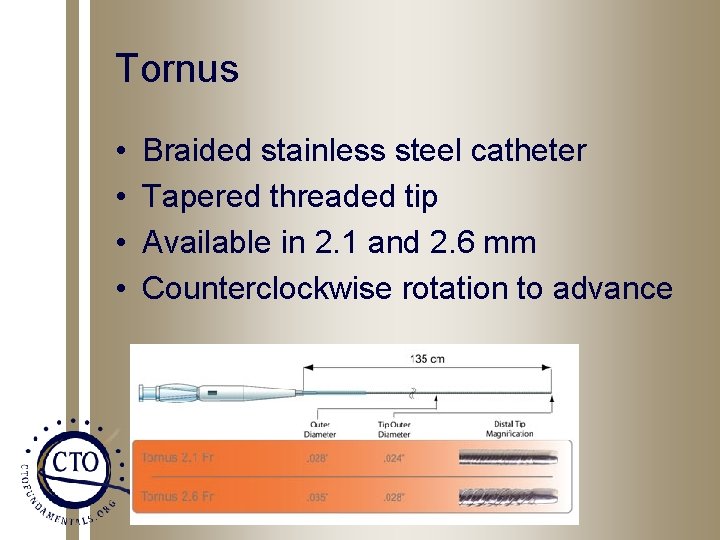 Tornus • • Braided stainless steel catheter Tapered threaded tip Available in 2. 1