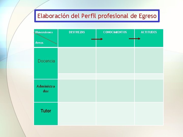 Elaboración del Perfil profesional de Egreso Dimensiones Areas Docencia Administra dor Tutor DESTREZAS CONOCIMIENTOS