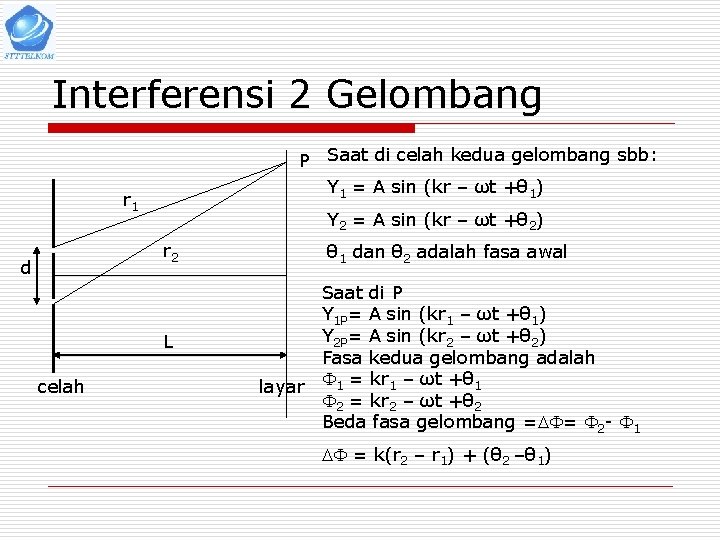 Interferensi 2 Gelombang P Saat di celah kedua gelombang sbb: Y 1 = A