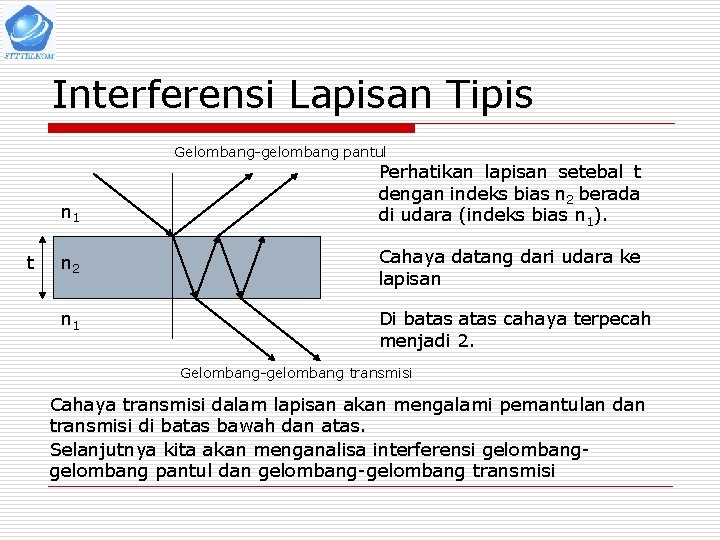 Interferensi Lapisan Tipis Gelombang-gelombang pantul n 1 t Perhatikan lapisan setebal t dengan indeks