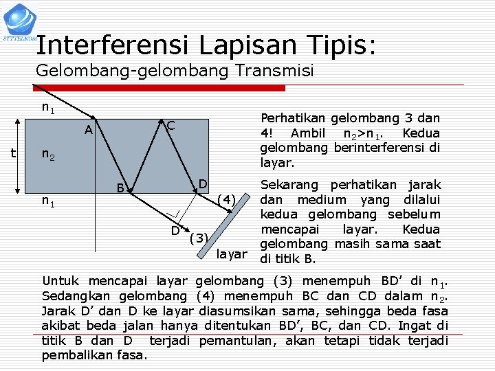 Interferensi Lapisan Tipis: Gelombang-gelombang Transmisi n 1 A t Perhatikan gelombang 3 dan 4!