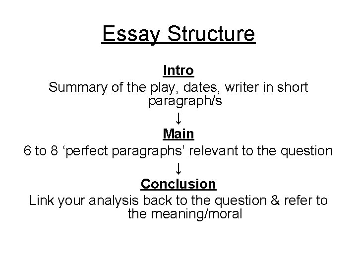 Essay Structure Intro Summary of the play, dates, writer in short paragraph/s ↓ Main