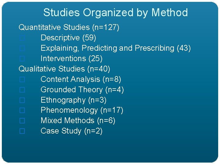 Studies Organized by Method Quantitative Studies (n=127) � Descriptive (59) � Explaining, Predicting and
