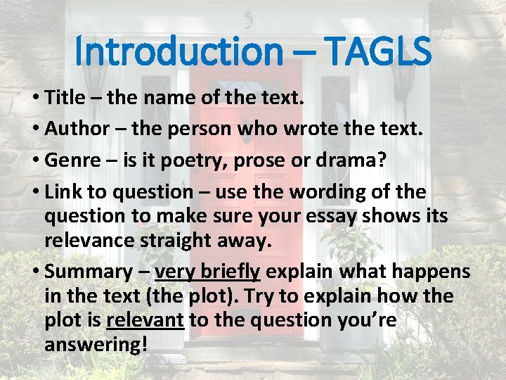 Introduction – TAGLS • Title – the name of the text. • Author –