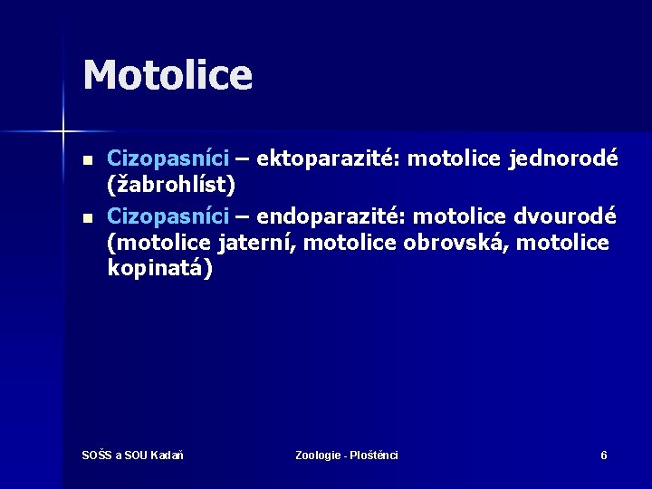 Motolice n n Cizopasníci – ektoparazité: motolice jednorodé (žabrohlíst) Cizopasníci – endoparazité: motolice dvourodé