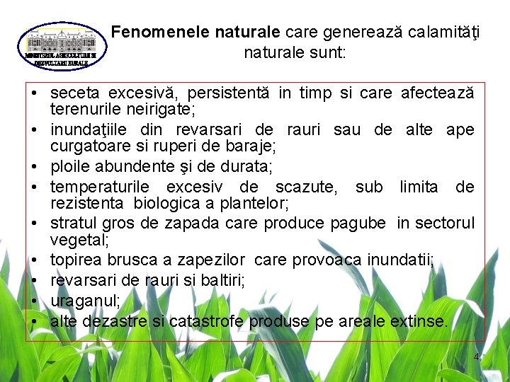 Fenomenele naturale care generează calamităţi naturale sunt: • seceta excesivă, persistentă in timp si