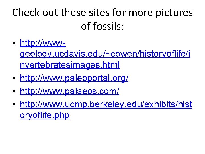 Check out these sites for more pictures of fossils: • http: //wwwgeology. ucdavis. edu/~cowen/historyoflife/i