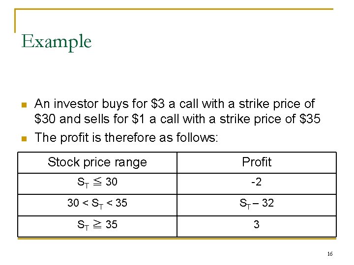 Example n n An investor buys for $3 a call with a strike price