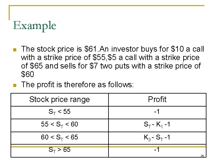 Example n n The stock price is $61. An investor buys for $10 a