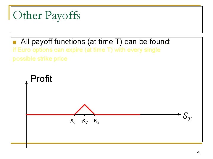 Other Payoffs n All payoff functions (at time T) can be found: if Euro