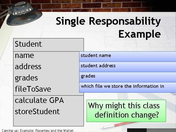 Single Responsability Example Student name address grades file. To. Save calculate GPA store. Student