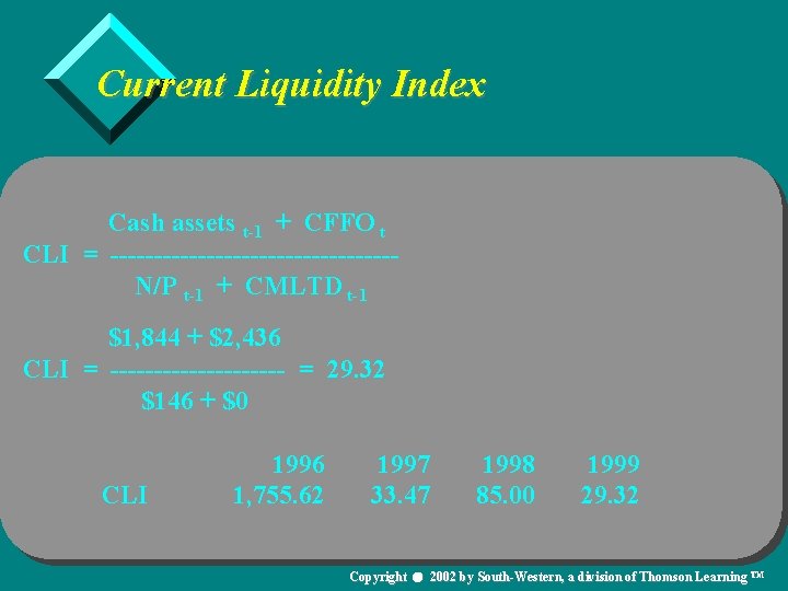 Current Liquidity Index Cash assets t-1 + CFFO t CLI = ----------------N/P t-1 +