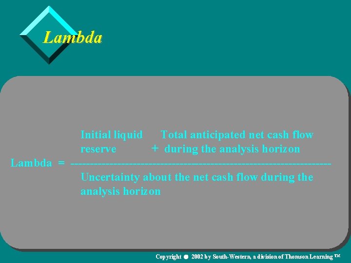 Lambda Initial liquid Total anticipated net cash flow reserve + during the analysis horizon