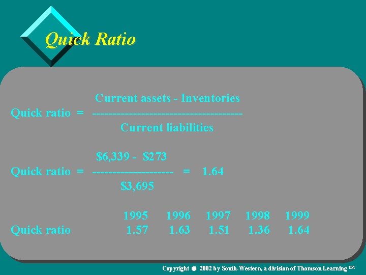 Quick Ratio Current assets - Inventories Quick ratio = ------------------Current liabilities $6, 339 -