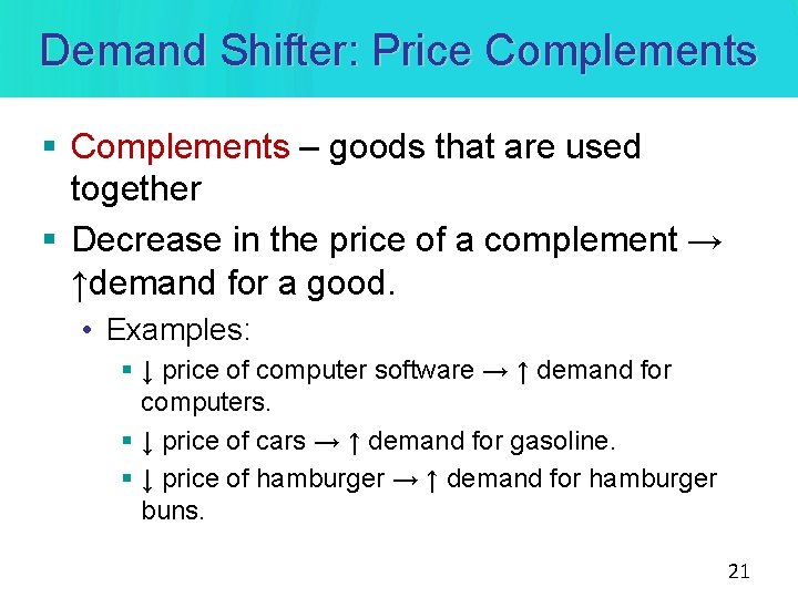 Demand Shifter: Price Complements § Complements – goods that are used together § Decrease Demand Shifter: Price Complements § Complements – goods that are used together § Decrease