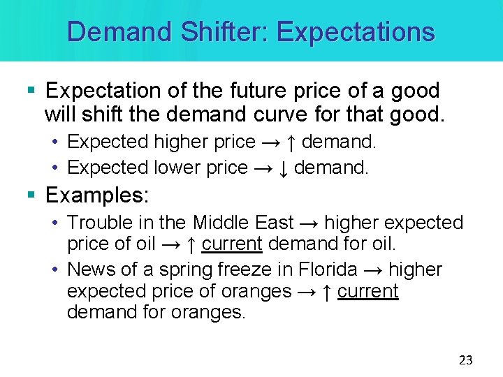 Demand Shifter: Expectations § Expectation of the future price of a good will shift Demand Shifter: Expectations § Expectation of the future price of a good will shift