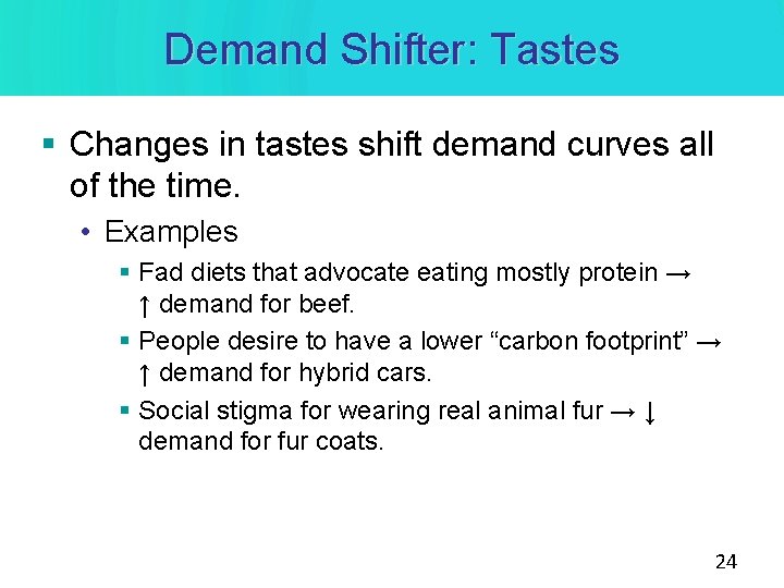 Demand Shifter: Tastes § Changes in tastes shift demand curves all of the time. Demand Shifter: Tastes § Changes in tastes shift demand curves all of the time.