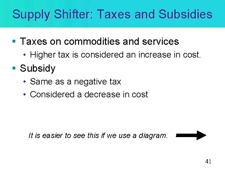 Supply Shifter: Taxes and Subsidies § Taxes on commodities and services • Higher tax Supply Shifter: Taxes and Subsidies § Taxes on commodities and services • Higher tax