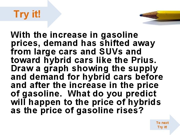 Try it! With the increase in gasoline prices, demand has shifted away from large Try it! With the increase in gasoline prices, demand has shifted away from large