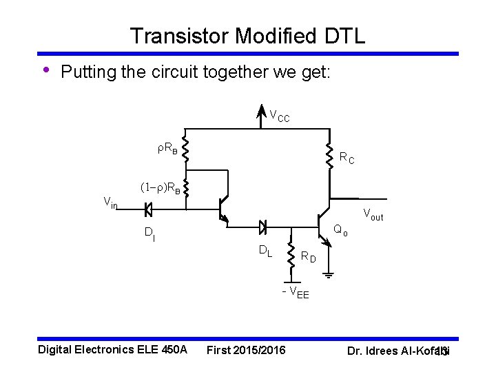 Transistor Modified DTL • Putting the circuit together we get: VCC r. RB Vin